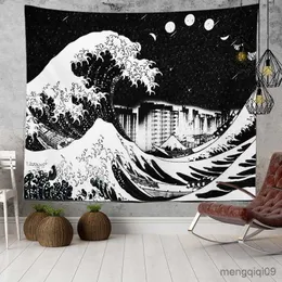 Tapestries japanska Kanagawa Big Wave Tapestry Psychedelic Tapestry Teen Indie Room Decor Macrame Wall Hängande stort tygvägg Tapestry R230713