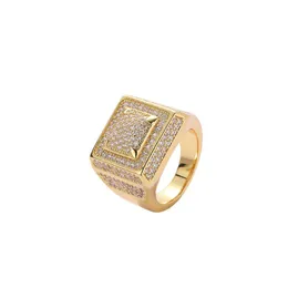 Klusterringar Hip Hop Square Casting Shining 18K äkta guldpläterad Cubic Zircon Diamond Finger Ring Smycken Drop Delivery Dh5C6
