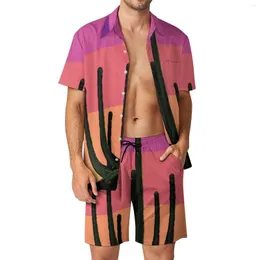 Herrespår färgglada öken semester män sätter saguaro kaktus solnedgång avslappnad skjorta set sommar grafisk shorts tvådelar hawaii kostym plus
