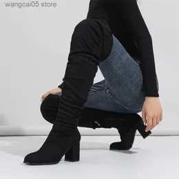 Boots BONJOMARISA 2023 Brand New High Heeled Women Boots Square Toed Zip Over The Knee Long Flock Patent Femal Shoes T230713