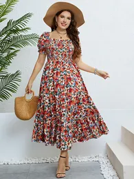 Plus size Dresses Size Women Clothing Puff Sleeve Floral Maxi Dress Square Collar a Line Cotton Robe Summer 2023 Boho Midi Elegant 230713