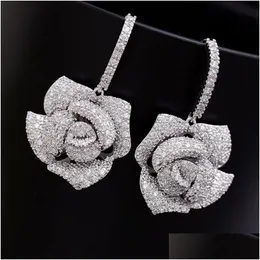 Dangle Chandelier Rose Flower Drop Earrings - Elegant Jewelry Gift For Women. S925 Sier Needle Bling Crystals. Delivery Dhgqn