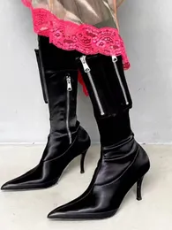 2023 Autumn Pocket Pocket Design Design Knee High Boots Luxury Brand New Sexy Point Toe Stilettos Heels Eleganta Slim Shoes