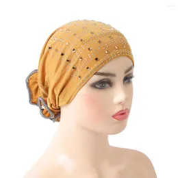 Roupas étnicas H008 Mais recentes chapéus muçulmanos Amira com strass puxam cachecol islâmico flor nas costas turbante hijab gorro bonés internos