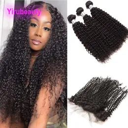 Yirubeauty peruano crespo encaracolado 3 pacotes com 13 x 6 renda frontal tramas de cabelo de bebê cor natural 4 pçs/lote