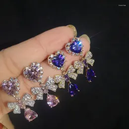 Studörhängen söta bowknot Big Bling Pink Blue Zircon Stone for Women Fashion Jewelry Korean