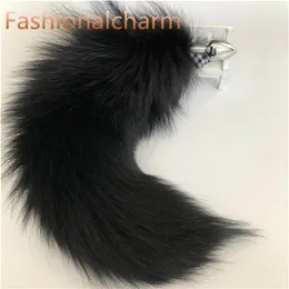 Svart -genuine Real Fox Fur Tail Plug Metal Rostfri Butt Toy Plug Insert Anal Sexy Stopper3206