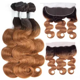 Pacotes de ondas corporais Ombre 1B30 com cabelo frontal brasileiro 3 pacotes com renda frontal 13x4 pacotes de cabelo humano colorido loiro