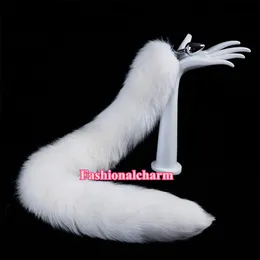 70cm 27 5 - Real Genuine White Fox Pelliccia Coda Plug Metallo Acciaio Butt Plug Anale Inserto Sexy Stopper Cosplay Toy238d