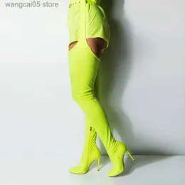 Сапоги New Sexy Neon Green Commool High Boots Pointed Bucted Bugle Bugle High Boots Boots Boots Женщины на коленях T230713