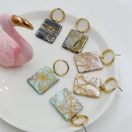 Baumelnde Ohrringe, Farbe Muschel mit Goldzeichnung, quadratisch, natürlich, rund, Metall, für Damen, Modeschmuck, Geschenke
