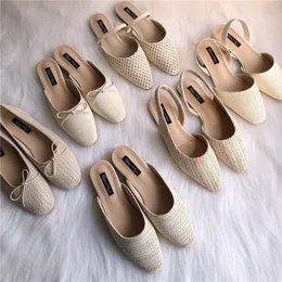 Sandaler Summer Single Shoes 6Style Woman Cane Weave Breattable Straw Mules Slippers Moccasins Bow Slipon Flats Sandal Flipflops 230713