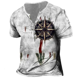 Camisetas masculinas masculinas com mapa náutico com estampa de bússola camisetas Henley verão vintage soltas manga curta blusas masculinas casuais camisetas unissex vestuário vestuário 230712