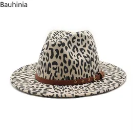 Bauhinia Women Fashion Vintage Wide Brim Hard Fedora Hat Leopard Print Cap Band Decor Trilby Panama Формальные шляпы3236