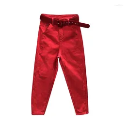 Jeans Feminino Moda Outono Vermelho Hallem Calças Casuais Cowboy Cintura Alta Namorado Befree Tamanho Grande 4XL 5XL Botão Solto Calças