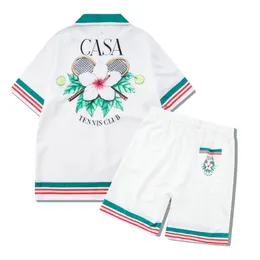 Tracki męskie 2023 Casablanca Tennis Flowers Stripes Men Kobiety Krótki zestaw t Shrt Hawaii Beach Suit Suit Hip Hop Shirt Para Casa 230713