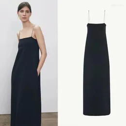 여성용 블라우스 줄 서스펜더 드레스 검은 스파게티 스트랩 간단하고 다재다능한 뒷면 슬릿 봄 여름