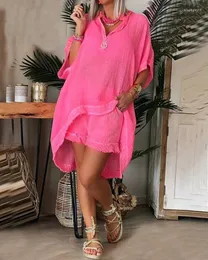 Women's Tracksuits Two Piece Sets Women Outifits 2023 Summer Fashion Asymmetrical Stand Collar Half Sleeve Top & Casual Fringe Hem Plain