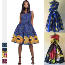 Roupas étnicas Vestido de moda para mulheres 2021 S Dashiki Estampa Verão Ombros inclinados Bazin Riche Cinto com cadarço Senhoras Africano 231z