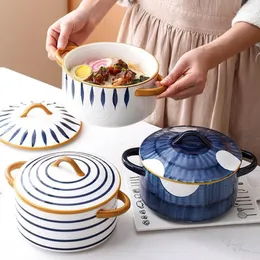 Bols japonais bleu blanc céramique soupe avec couvercle porcelaine 1/1.8L Pot Ramen bol ménage Restaurant cuisine vaisselle