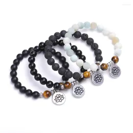 Strand Lotus Ciondolo 8mm Pietra Nera Lava Rock Opaco Perline Yoga Reiki Therapy Bracciali Uomo Donna Gioielli