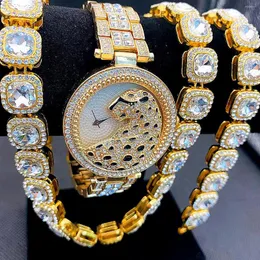 Wristwatches 3PCS Iced Out Watches For Women Gold Leopard Watch Sliver Tennis Chains Bracelet Necklaces Jewelry Set