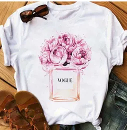Kadın Giysileri Baskı Çiçek Parfüm Şişesi Kısa Kollu Tshirt Baskılı Gömlek T Kadın T-Shirt Top Sıradan Kadın Tee