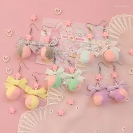 Dangle Earrings Cute Macaron Color Bow Star Two-color Hair Ball Harajuku Lace Lolita Ear Clip