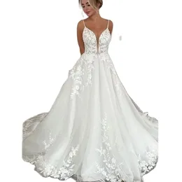 Modest v Neck Spaghetti Strap A Line Wedding Dresses Glitter Lace Seques Boho Bridal Court Train Garden Robe de Mariee