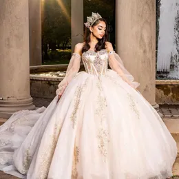 Şampanya ışıltılı sevgilim quinceanera elbise omuz kapalı uzun kollu boncuk çiçek aplike vestidos de 15 anos balo elbisesi