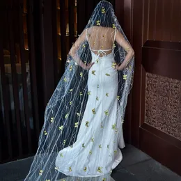 Jóias de cabelo de casamento JaneVini Véus de noiva de renda coreana elegante com pente Borboleta amarela 3D feito à mão Véu de noiva de 1 camada Acessórios de catedral de casamento 230713