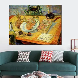 Högkvalitativ Vincent Van Gogh Oil Målning Still liv med ritbräda Pipe Lökar Tätning-WAX Handgjorda Canvas Art Wall Decor