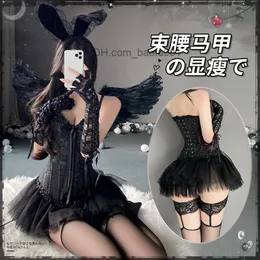 Traje do tema Diabo feminino role-playing colete bandagem Conjunto de minissaia roupa íntima de anime meia-calça de renda anjo preto demônio role-playing roupas novo Z2307123