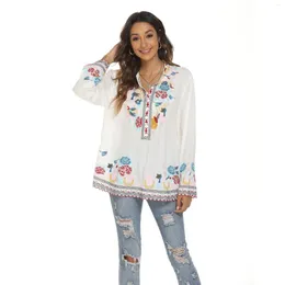 Women's Blouses Eaeovni Plus Size Flowy Hippie Embroidery Shirt Embroidered Mexican Peasant T Shirts Long Sleeve