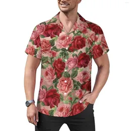 Freizeithemden für Herren, Vintage-Hemd mit Blumendruck, elegante rote Rosen, Urlaub, lockere hawaiianische Y2K-Blusen, kurze Ärmel, individuelles Oversize-Oberteil