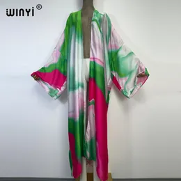 Roupa de banho feminina WINYI Outono impressão colorida roupa de praia roupa de banho elegante África feminina boho cardigan sexy feriado vestido longo manga quimono 230713