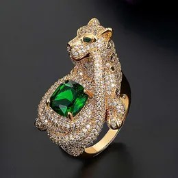 Fedi nuziali Zlxgirl Fashion Woman Statement Leopard Shape Animal Finger Ring Green Zircon Eyes Dubai Gold Color Ring coppia bijoux Aneis 230713