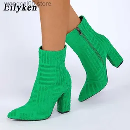 Stivali Eilyken 2023 New Green Velluto a coste Tacchi alti Stivaletti per il partito Punta a punta Stivali da donna Scarpe da donna Mujer Taglia 35-42 T230713