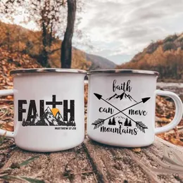 Mugs Faith Can Move Mountains Print Coffee Mugs Camping Emalj Mug Adventure Campfire Party Beer Cup Mountain Handle Cups Gift Camper R230713