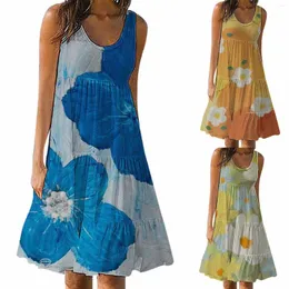 Casual klänningar Kvinnors långa höga midja bundna tryckta mönster Rund nackklänning Peach Summer Midi Womens
