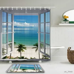 Zasłony prysznicowe 3D okno plażowe Otwarcie plażowa krajobraz drukowania zasłony prysznicowej Wodoodporna zasłona w łazience z matyą do kąpieli nie poślizgowej