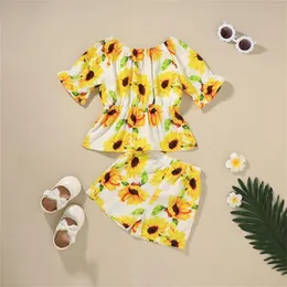 Kleidungsstücke Sets Säuglingsmädchen -Anzüge Sommer Sonnenblume Eine Schulterfliegehülle Tops Shorts zweiteilige Set