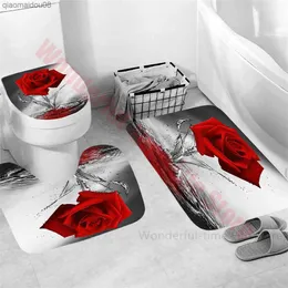 Lüks gül baskı 3 adet set iki kuğu Avrupa tarzı banyo paspasları anti -slip banyo paspas seti yıkanabilir tuvalet halıları halı ev dekor L230704