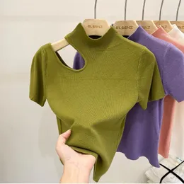 Women's T Shirts T-shirt Summer Knit Short Sleeve Tee Skinny Korean Fashion Off Shoulder Turtleneck T-shirts Tops For Women 2023