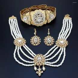 Halskette Ohrringe Set Neovisson Hohe Qualität Marokko 18K Gold Farbe Braut Hochzeit Schmuck Arabisch Frauen Gürtel Perlen Haken Ohrring Harz Geschenk