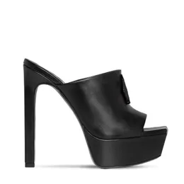 Summer Stiletto Heel Slippers Platform Mules äkta lädersandaler 15,5 cm chunky häl 6 cm plattformskor stor storlek 35-42 Kvinnor Sandal modedesigner tofflor