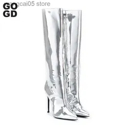 Сапоги Gogd Женщины сексуальные серебряные зеркальные бедра высокие ботинки T показывают заостренные клубные туфли для вечеринок 2022 Тонкие высокие каблуки на колене в длинных сапогах T230713