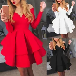 Casual Dresses Elegant Women Long Sleeve V Neck Off Shoulder Large Swing Ruffled Hem Mini Dress