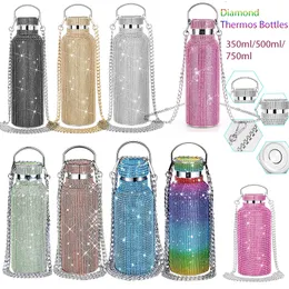 Tumblers 350ml500ml750ml Bling Diamond Thermos Bottles Portable Glitter Water Bottle Crossbody Stainless Steel Thermal Flask 230712