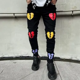Hommes Jeans Street Skinny Personnalité Mode Hearreak Imprimé Peint Stretch Mince Mâle Hip Hop Denim Pantalon Streetwear